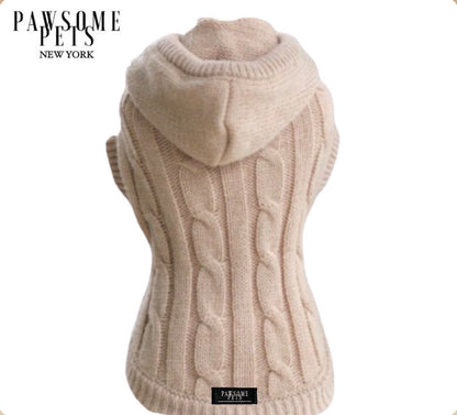 Cable Knit Dog Sweater with Hood- BEIGE - Trendy Dog Boutique