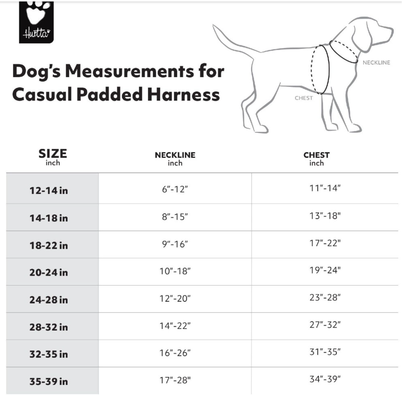 Hurtta Casual ECO Padded Dog Harness, Size Chart - Trendy Dog Boutique