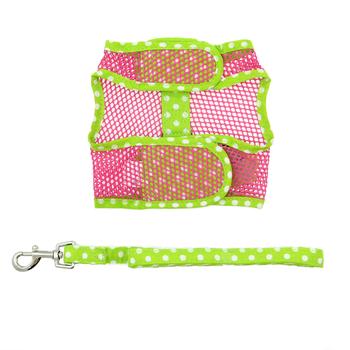 Cool Mesh Pink & Green Frog Dog Harness, Flat, Leash and Bottom View - Trendy Dog Boutique