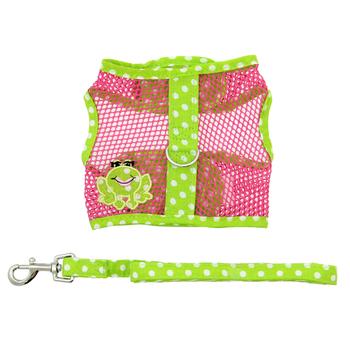 Cool Mesh Pink & Green Frog Dog Harness, Leash and Top View, Flat - Trendy Dog Boutique