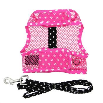 Cool Mesh Pink Sunglasses & Polka Dots Dog Harness, Flat, Front View w/ Leash - Trendy Dog Boutique