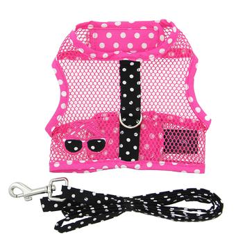 Cool Mesh Pink Sunglasses & Polka Dots Dog Harness, Rear View, Flat w/ Leash - Trendy Dog Boutique