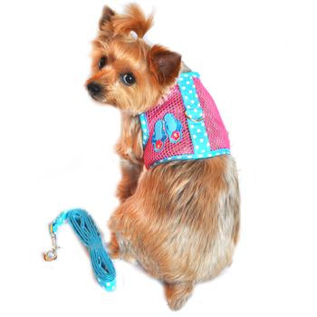 Cool Mesh Pink & Blue Flip Flop Dog Harness, Rear View, On Dog w/ Leash - Trendy Dog Boutique