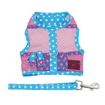 Cool Mesh Pink & Blue Flip Flop Dog Harness, Flat, Rear View w/ Leash - Trendy Dog Boutique