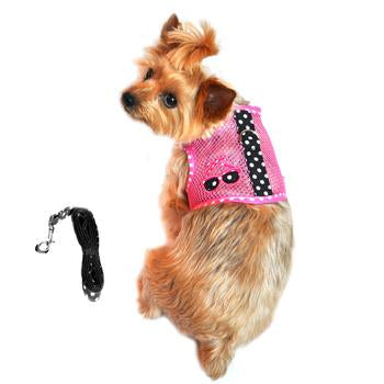 Cool Mesh Pink Sunglasses & Polka Dots Dog Harness, On Dog, Rear View w/ Leash - Trendy Dog Boutique