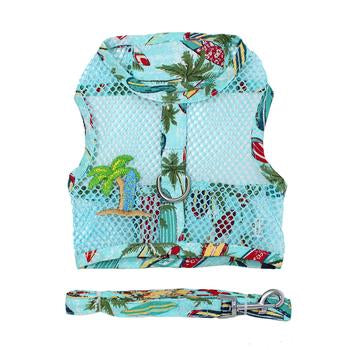 Cool Mesh Surfboards & Palms Dog Harness, Flat, Front View w/ Leash - Trendy Dog Boutique