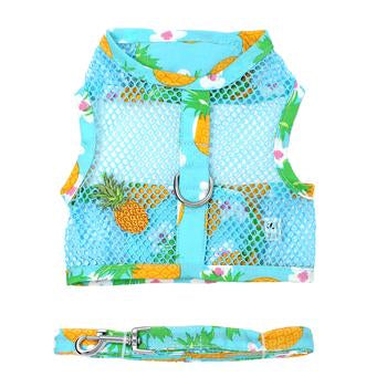 Cool Mesh Pineapple Luau Dog Harness, Flat, Front View w/ Leash - Trendy Dog Boutique