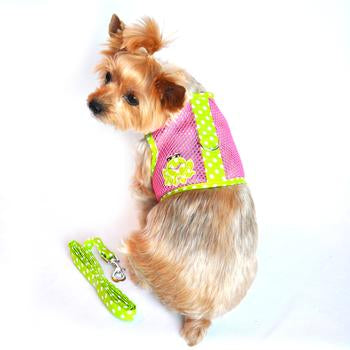 Cool Mesh Pink & Green Frog Dog Harness, On Dog, Rear View - Trendy Dog Boutique