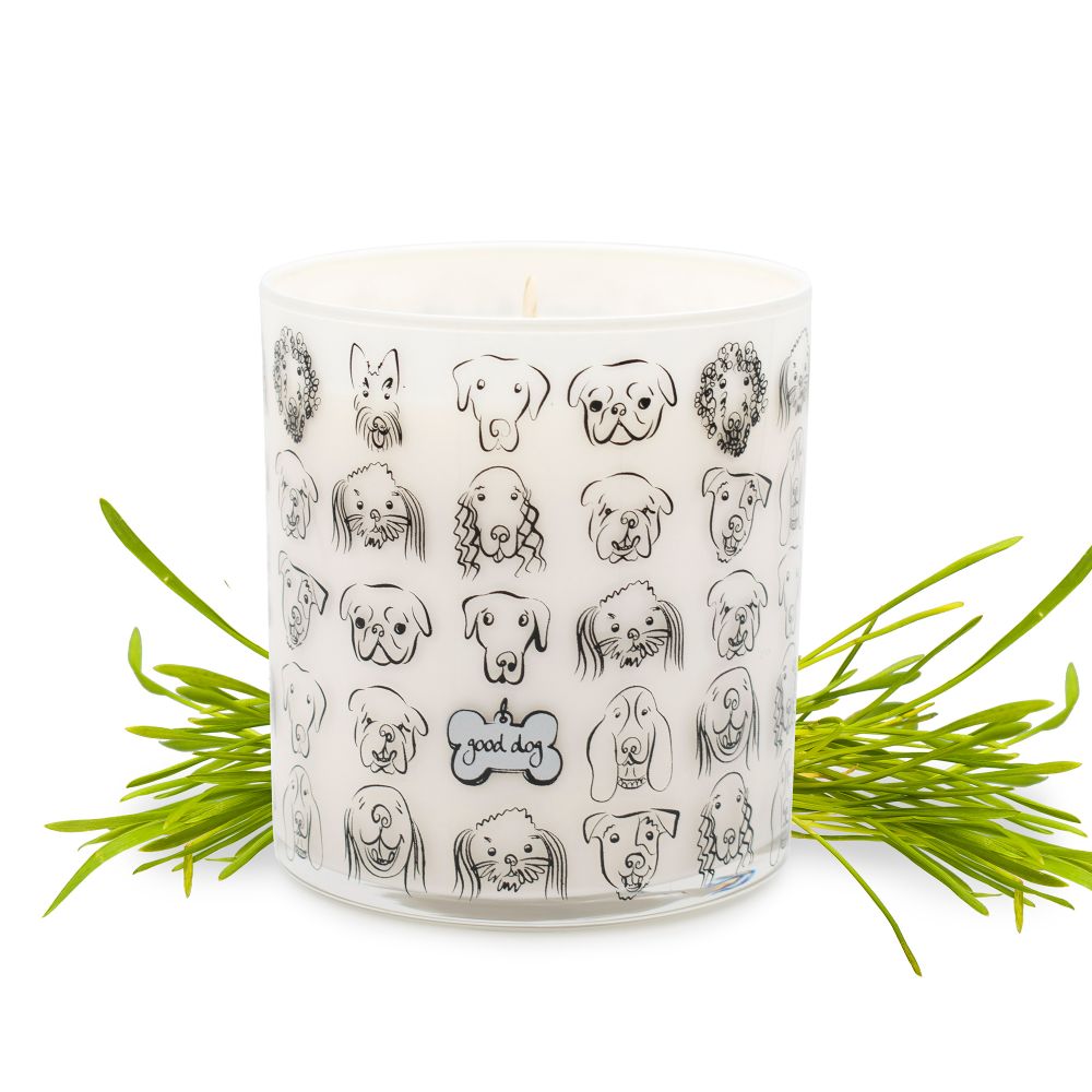 Rolling in Grass Dog Tag Jar Candle, Front View - Trendy Dog Boutique