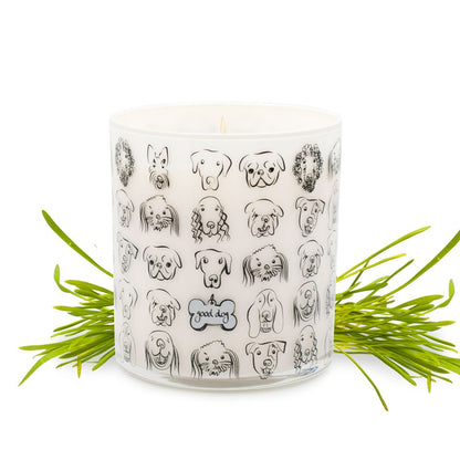 Rolling in Grass Dog Tag Jar Candle, Front View - Trendy Dog Boutique