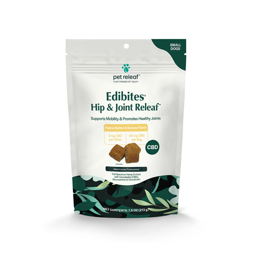 Pet Releaf Hip & Joint Edibites CBD Small Dog 7.5oz. Peanut Butter Banana 3mg - Trendy Dog Boutique