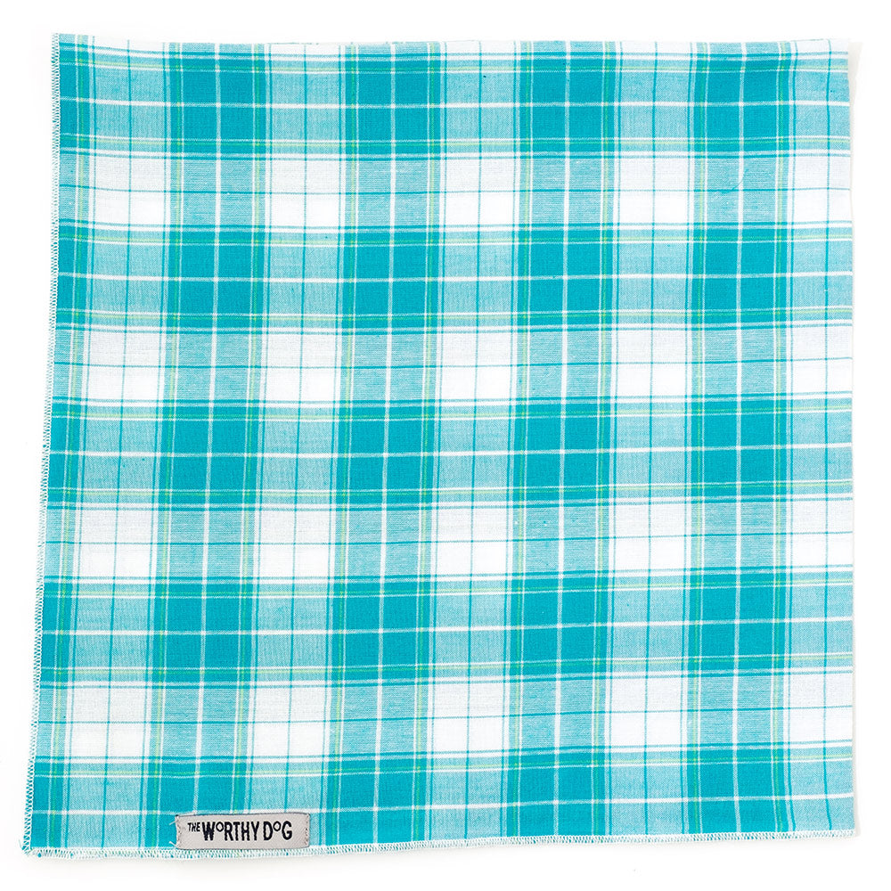 Madras Teal Plaid Classic Dog Bandana, untied - Trendy Dog Boutique