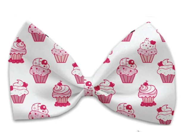 Pink Whimsy Cupcakes Dog Bow Tie, Front View - Trendy Dog Boutique