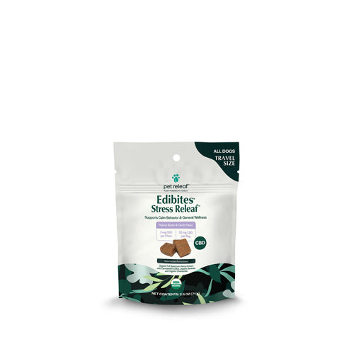 Pet Releaf Stress Edibites CBD Dog 2.5oz. Peanut Butter Carob 3mg Travel - Trendy Dog Boutique