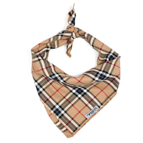 Tan Plaid Dog Bandana, Front View - Trendy Dog Boutique